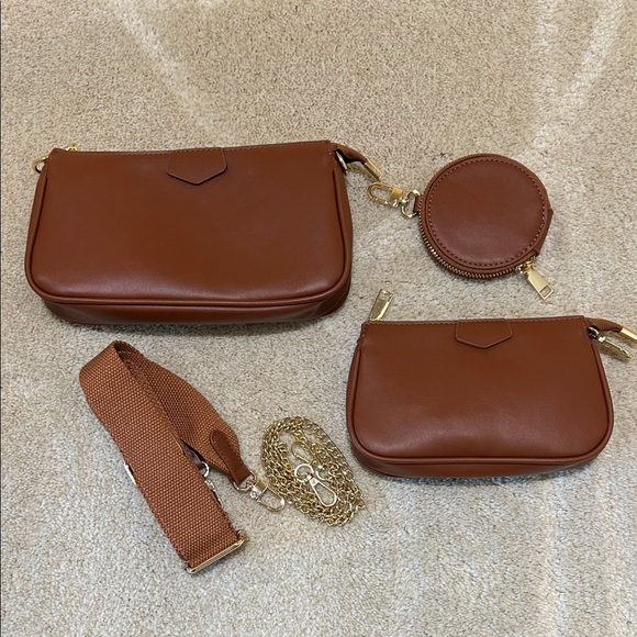 Handbags - Brown Vegan Leather Women's 3 Piece Bag Set